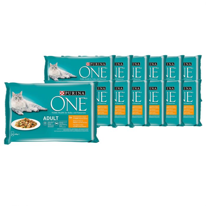 PURINA ONE Adult Katzenfutter nass zarte Stückchen in Sauce mit Huhn (12er Pack (12 x 4 x 85g))