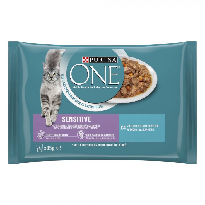 PURINA ONE SENSITIVE Katzenfutter nass mit Thunfisch, 4erPack à 85g (1er Pack (4 x 85g))