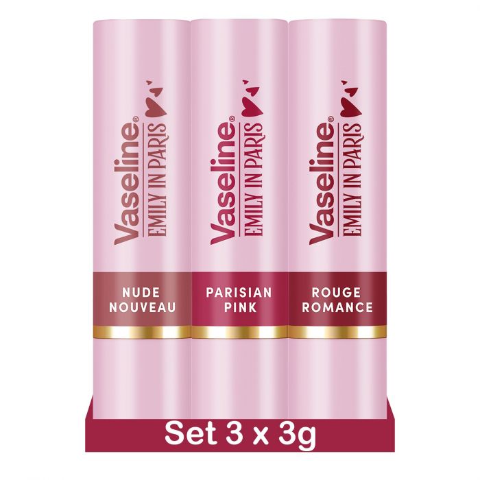 Vaseline x Emily in Paris | Feuchtigkeitsspendende Lippenbalsam Sticks 3er Set | Limited Edition |  (Nude Nouveau, Parisian Pink & Rouge Romance)